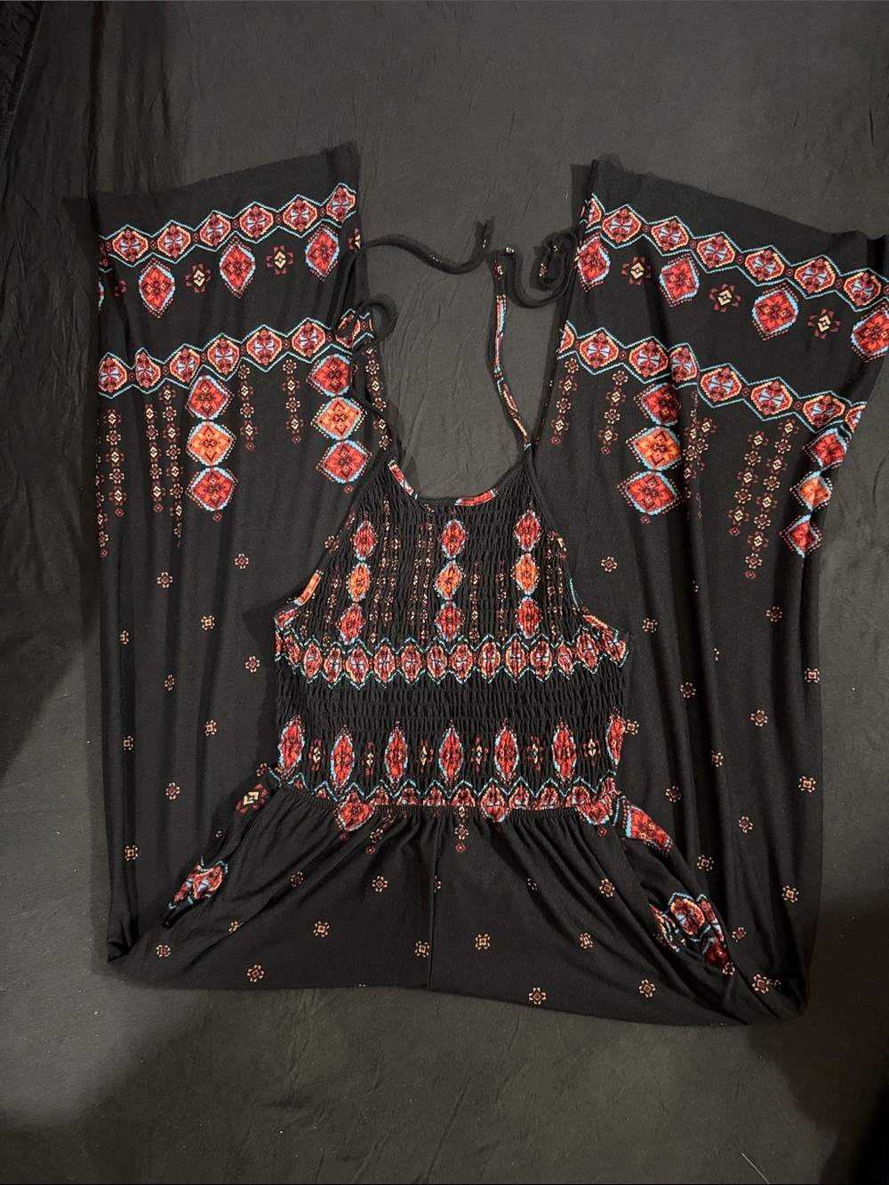 Black Smocked Halter pants jumpsuit with Red & Blue Ethnic Print